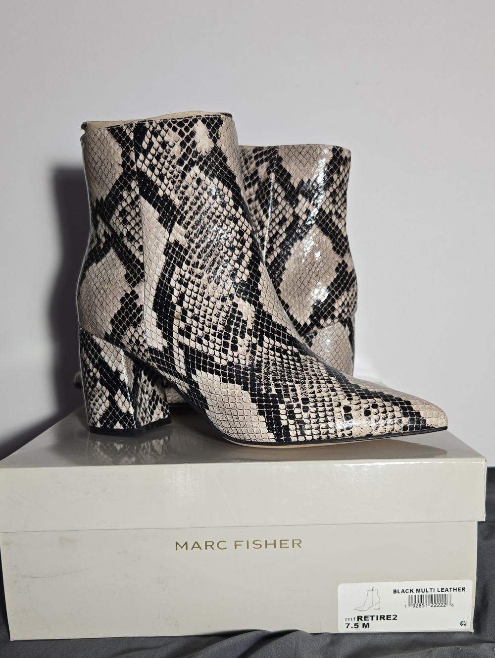 Marc Fisher Black and Cream Snake-Print Pointed Ankle Boots